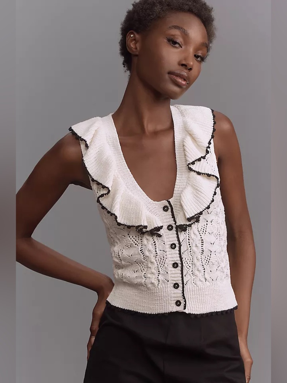 White Ruffle-Trim Knit Button-Front Tank Top